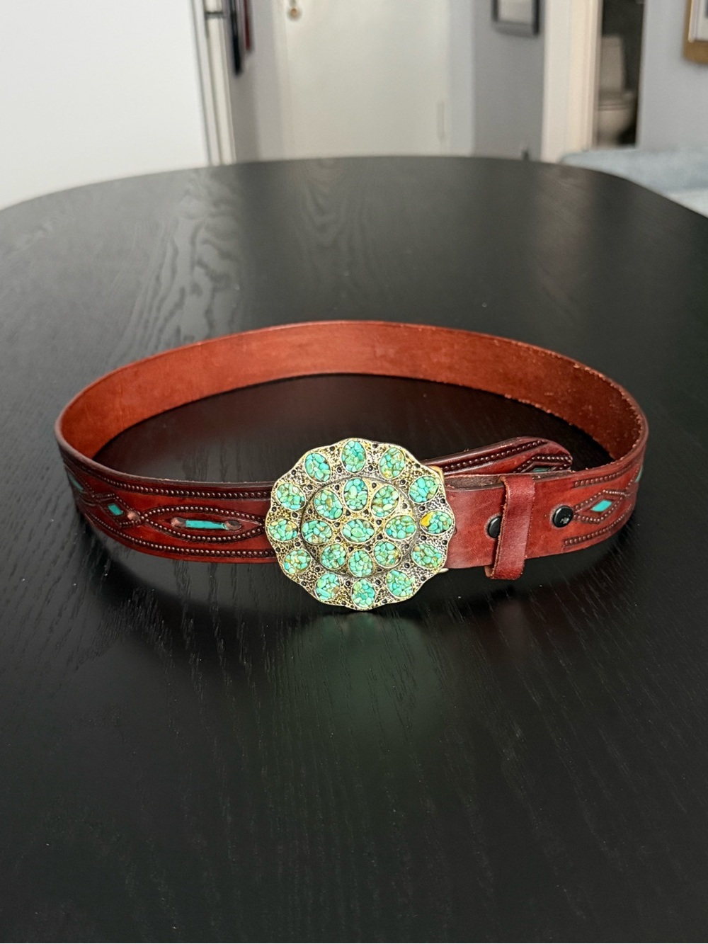 Leather Western Belt with Turquoise Buckle